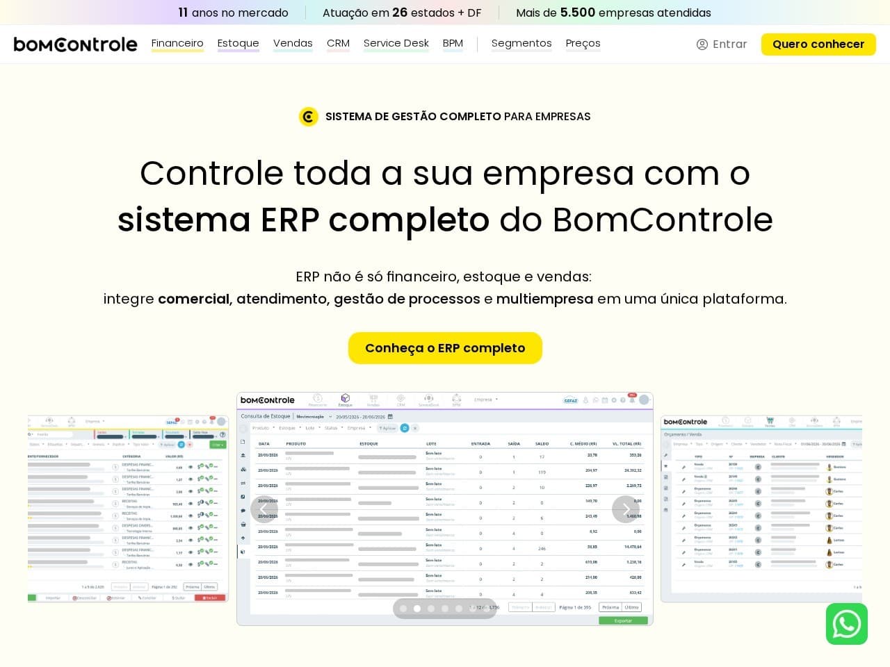 Página pública do BomControle com composição de telas do ERP.