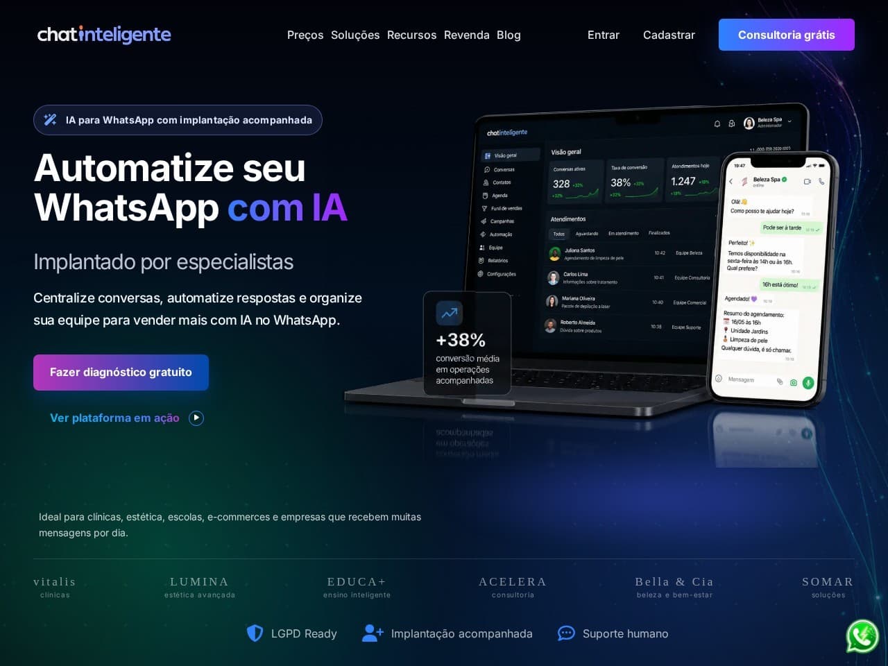 Página pública do Chat Inteligente com mockup do painel e do WhatsApp.