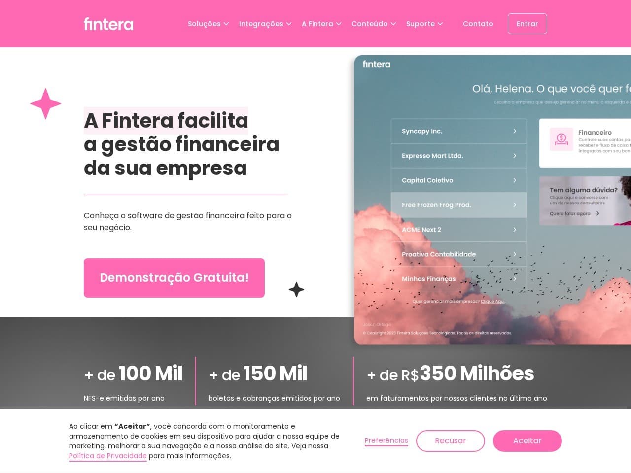 Página pública da Fintera com mockup da aplicação.
